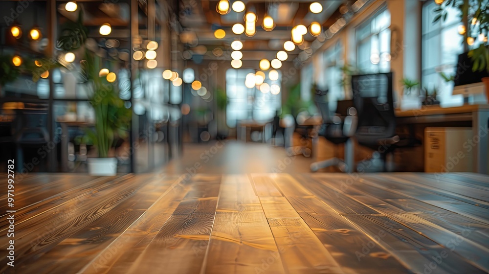 Wooden Tabletop with Blurred Background of a Modern Office Interior Wooden Tabletop with Blurred Background of a Modern Office Interior