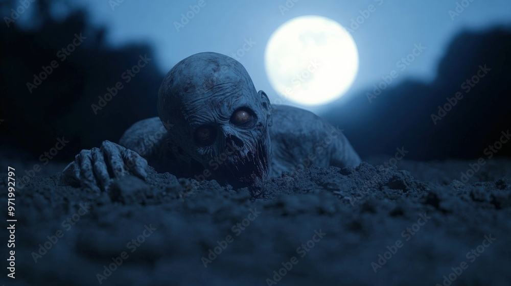 Obraz premium A chilling scene of a zombie emerging from the ground under a full moon, creating an eerie atmosphere for Halloween themes.