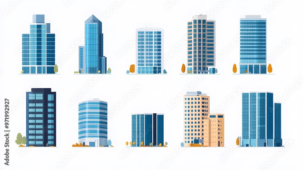 Set of Modern Skyscrapers with Glass Facades and Minimalist Designs Set of Modern Skyscrapers with Glass Facades and Minimalist Designs