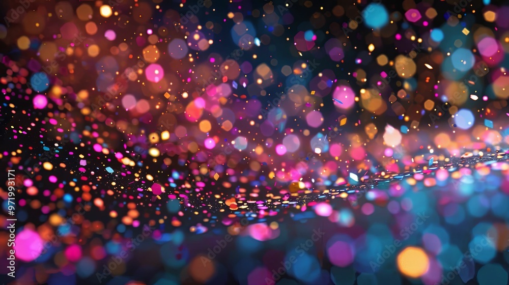 Abstract Colorful Bokeh Lights and Confetti on Black Background Abstract Colorful Bokeh Lights and Confetti on Black Background