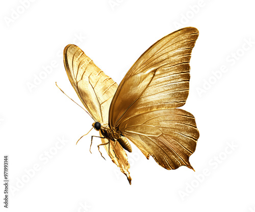 Close-up of a golden butterfly. Highly Detailed on transparent background. Studio lighting and 4k quality.