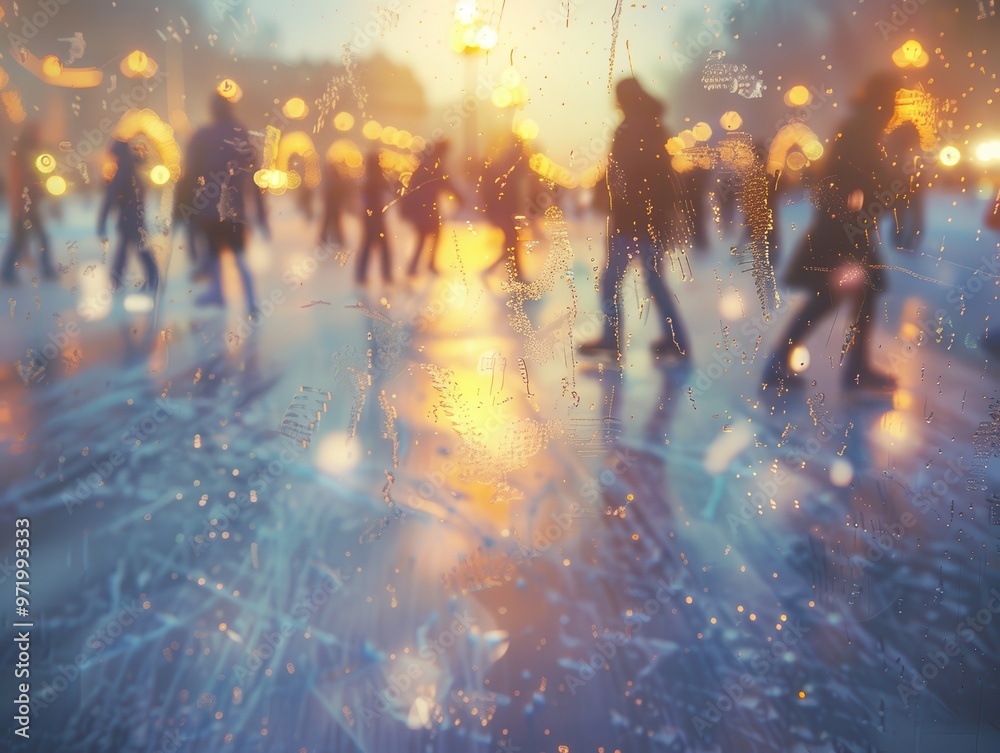 Obraz premium Silhouettes of people walking on a rainy street with city lights in the background, creating a dreamy and abstract urban scene.