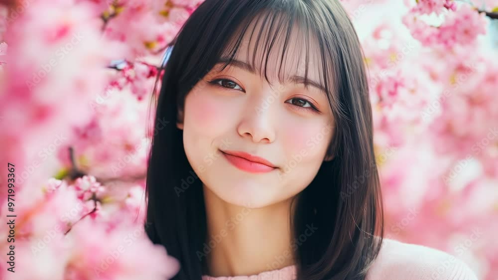 Smiling Woman Amongst Pink Blossoms Smiling Woman Amongst Pink Blossoms