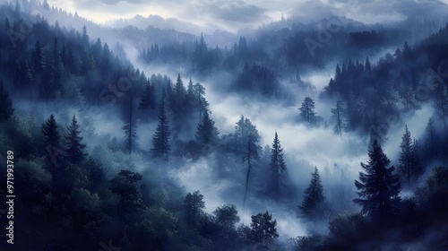 Misty Forest Landscape with Tall Pine Trees