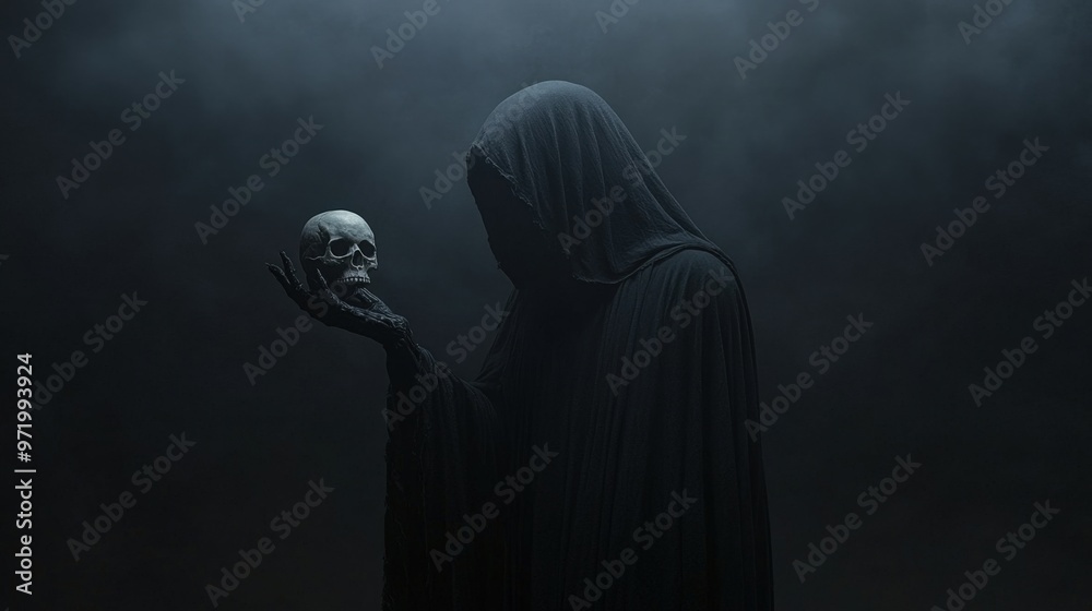 A mysterious figure in a dark cloak holds a skull, embodying themes of mortality and the unknown in a foggy atmosphere. A mysterious figure in a dark cloak holds a skull, embodying themes of mortality and the unknown in a foggy atmosphere.