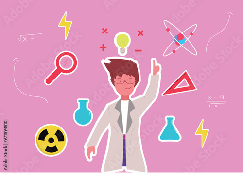 cientifica, profesora con bata de laboratorio de ciencias y matematicas con probeta tubo de ensayo y una gran idea, mujer de ciencia en vector