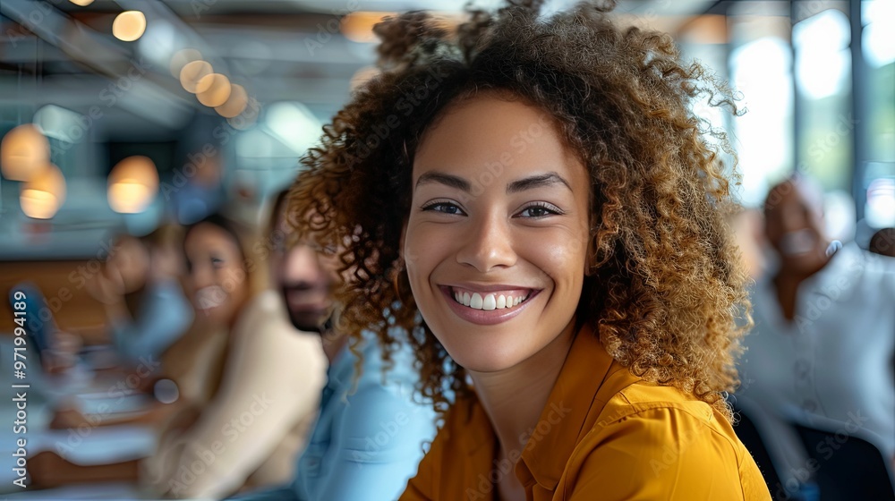 A woman with curly hair smiling in a cafe