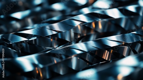 An abstract close-up of shiny metal coils, creating a mesmerizing pattern of light and shadow. The coils symbolize strength, precision, industrial production, and the interconnectedness of modern manu photo