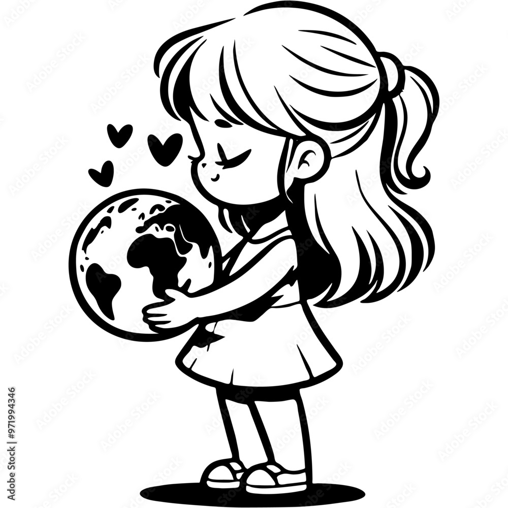Fototapeta premium Girl carefully holds planet Earth in her hands in monochrome. Simple minimalistic vector in black ink drawing on transparent background