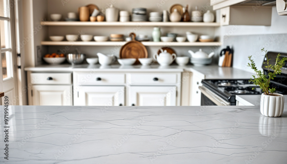 Empty White marble table with Blurred Kitchen Background