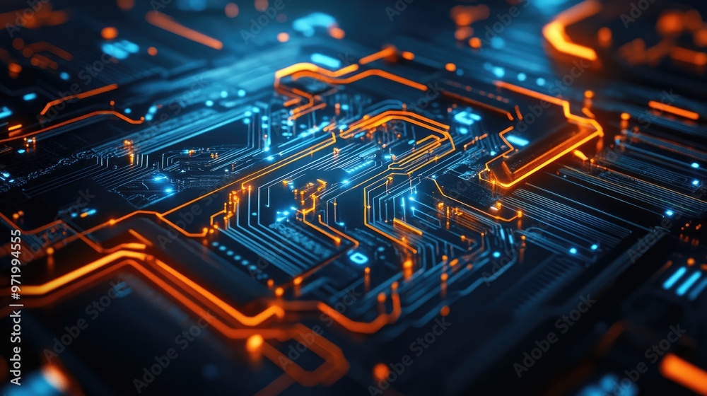 Abstract futuristic circuit board with glowing orange and blue lines. Abstract futuristic circuit board with glowing orange and blue lines.
