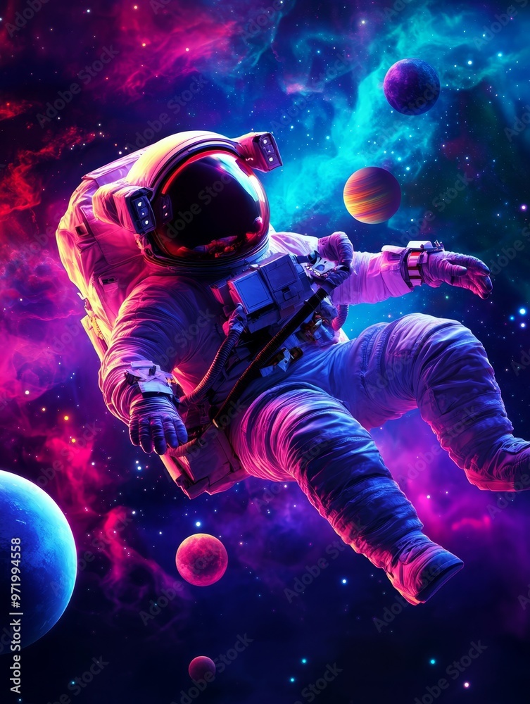 An astronaut floats weightlessly in a vast expanse of space, illuminated by vibrant nebulas and twinkling stars. Planets of various colors and sizes orbit around him, showcasing the beauty and wonder An astronaut floats weightlessly in a vast expanse of space, illuminated by vibrant nebulas and twinkling stars. Planets of various colors and sizes orbit around him, showcasing the beauty and wonder