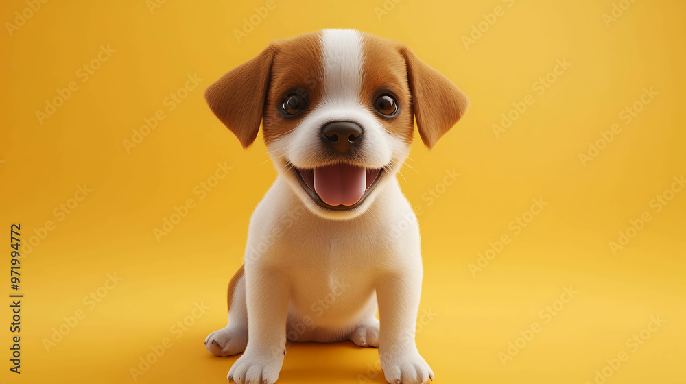 A cute little puppy sits in front of a bright yellow background. A cute little puppy sits in front of a bright yellow background.