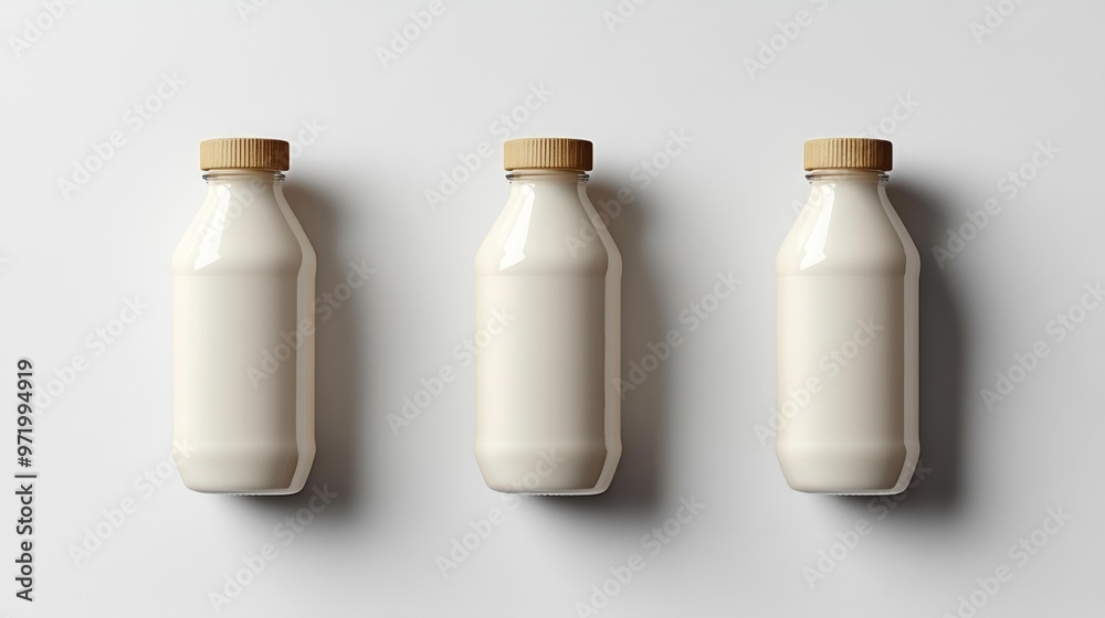 Three glass bottles with wooden caps filled with milk Generative AI Three glass bottles with wooden caps filled with milk Generative AI