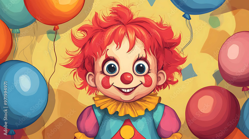 Obraz premium A cheerful clown doll with red hair surrounded by colorful balloons.