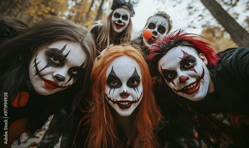 Happy young people dressed up as different spooky characters, with scary makeup