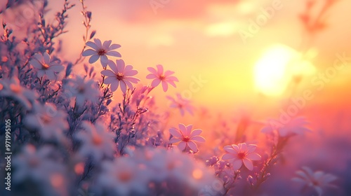 Delicate White Flowers Blooming at Sunset