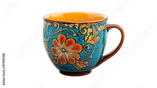 side view of a hand crafted ceramic teacup transparant background