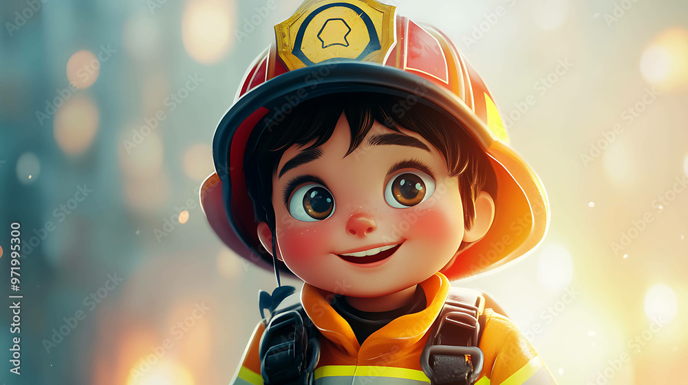 A cute cartoon firefighter smiles up at the camera. A cute cartoon firefighter smiles up at the camera.