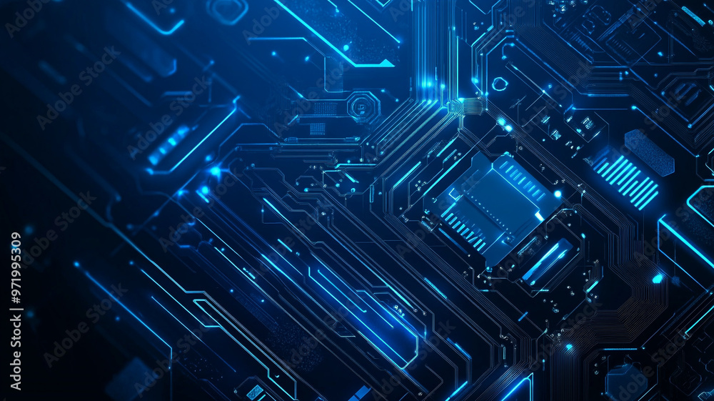 Abstract illustration of a futuristic circuit board design with glowing blue elements Abstract illustration of a futuristic circuit board design with glowing blue elements
