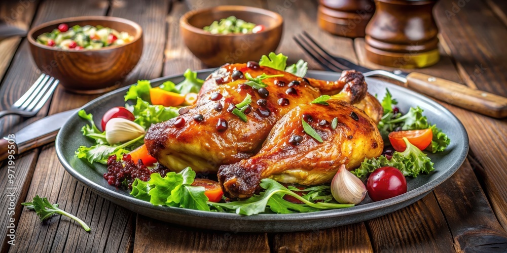 Delicious barbecue chicken with honey glaze served with fresh salad , BBQ, chicken, honey, glaze, salad, grilled, barbecue, marinated Delicious barbecue chicken with honey glaze served with fresh salad , BBQ, chicken, honey, glaze, salad, grilled, barbecue, marinated