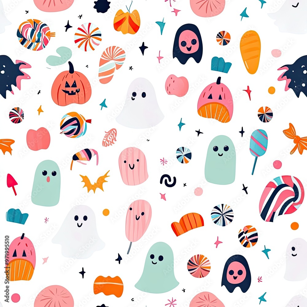 A vibrant, playful pattern featuring ghosts, pumpkins, and candies, perfect for Halloween-themed designs and celebrations. A vibrant, playful pattern featuring ghosts, pumpkins, and candies, perfect for Halloween-themed designs and celebrations.