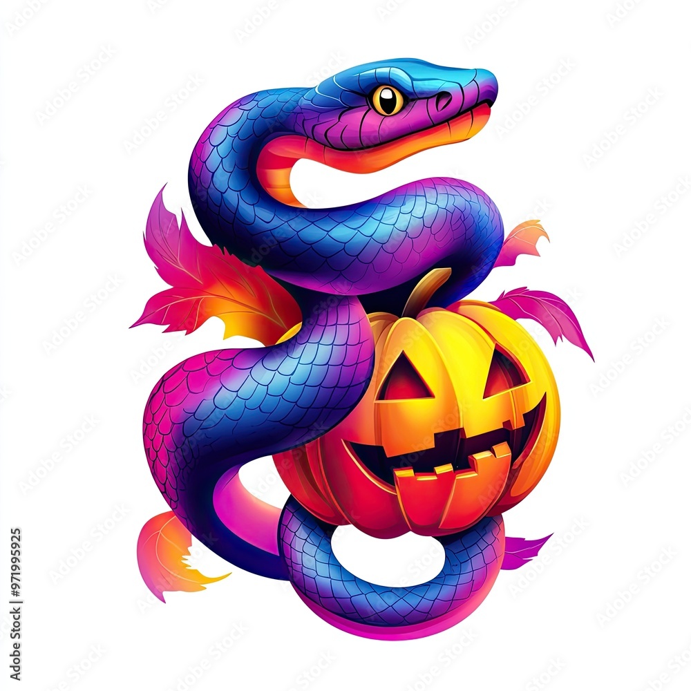 Obraz premium A vibrant illustration of a snake wrapped around a Halloween pumpkin, showcasing a colorful and playful spooky theme.