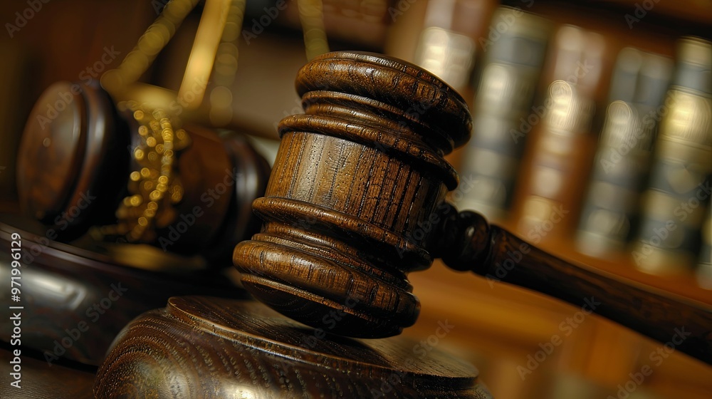 Close-up of a Wooden Gavel with a Blurry Background of Books Close-up of a Wooden Gavel with a Blurry Background of Books