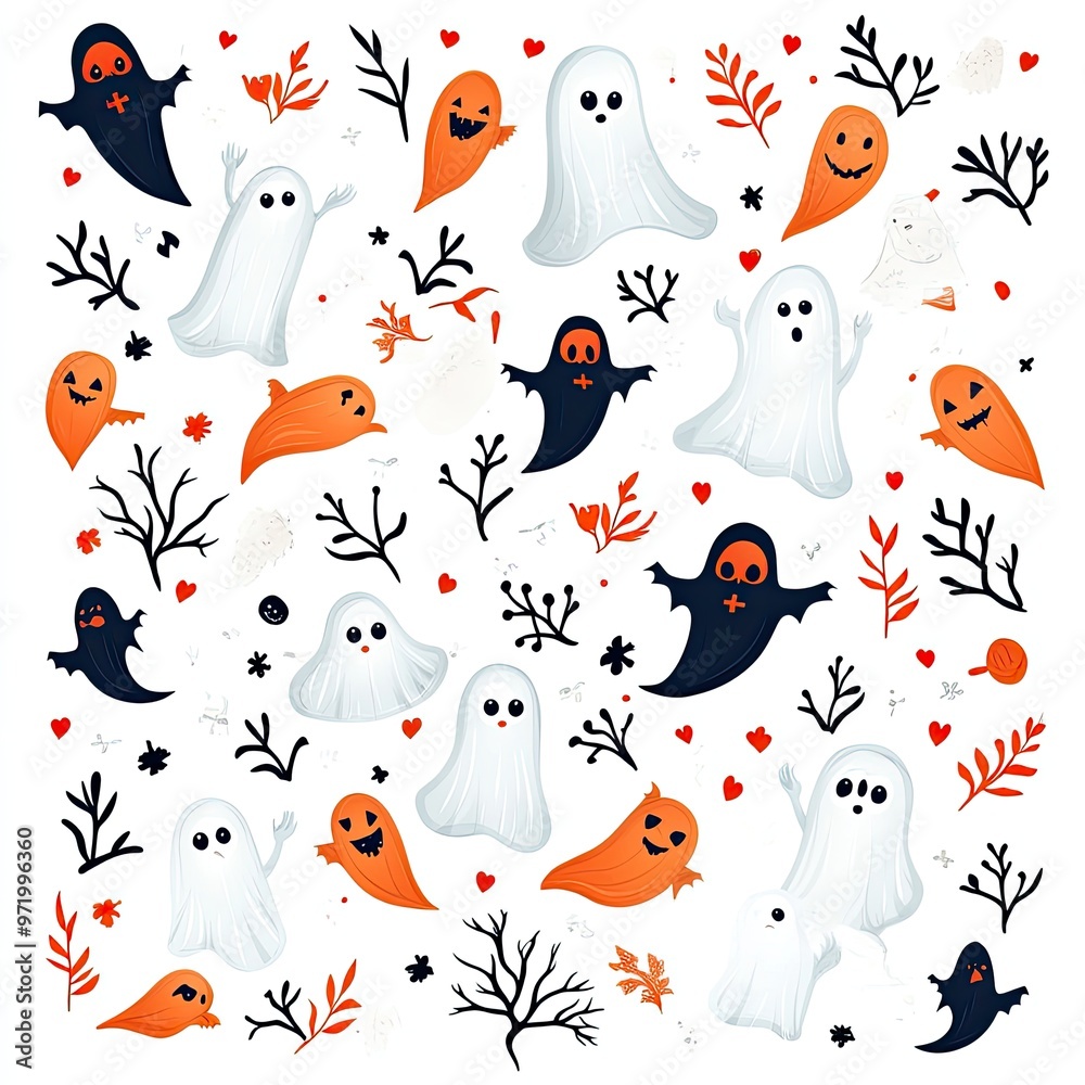 A whimsical collection of colorful ghosts and spooky elements, perfect for Halloween-themed designs and decorations. A whimsical collection of colorful ghosts and spooky elements, perfect for Halloween-themed designs and decorations.