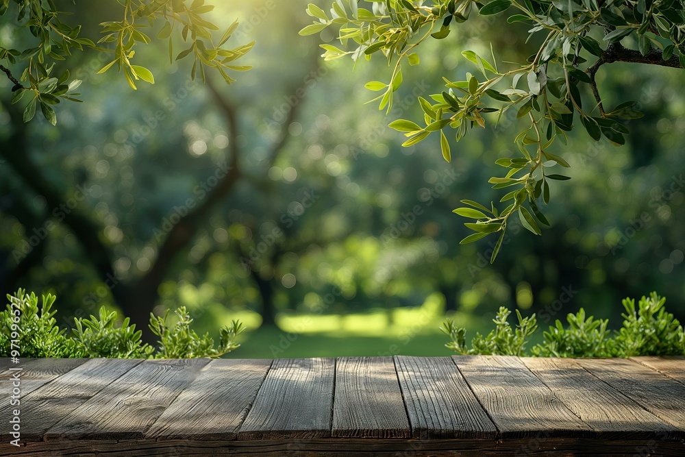 Close-up of a weathered wooden table mockup for product display against a lush garden backdrop Close-up of a weathered wooden table mockup for product display against a lush garden backdrop