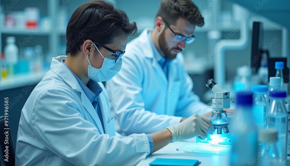 Focused scientists in lab analyzing samples under microscope Focused scientists in lab analyzing samples under microscope