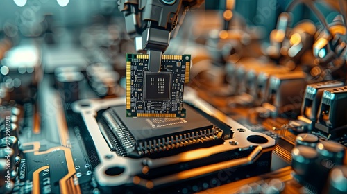 Robotic Arm Placing Microchip on Motherboard photo