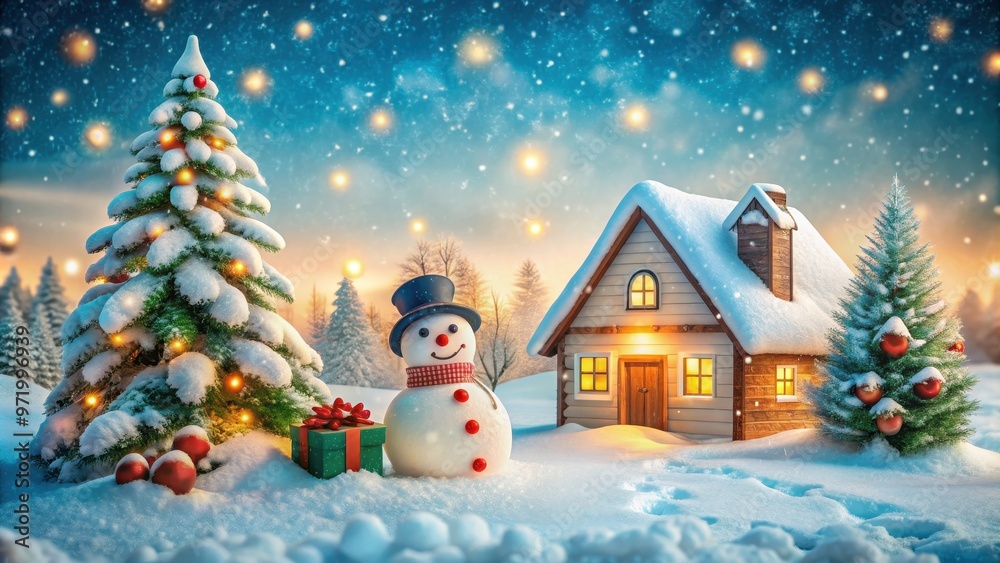 Christmas card featuring a cozy house with a cheerful snowman in a snowy landscape , holiday, winter, greeting card Christmas card featuring a cozy house with a cheerful snowman in a snowy landscape , holiday, winter, greeting card
