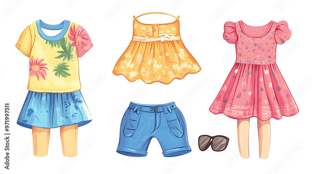 Obraz premium Set of cartoon illustrations of summer outfits for girls.