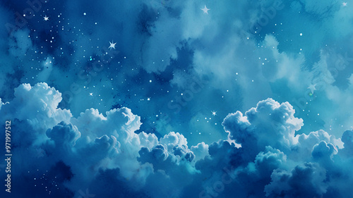 A blue and white watercoluor background with stars and clouds illustration. Envision a calming setting with a serene blue and white watercoluor background, embellished with stars and gentle cloud