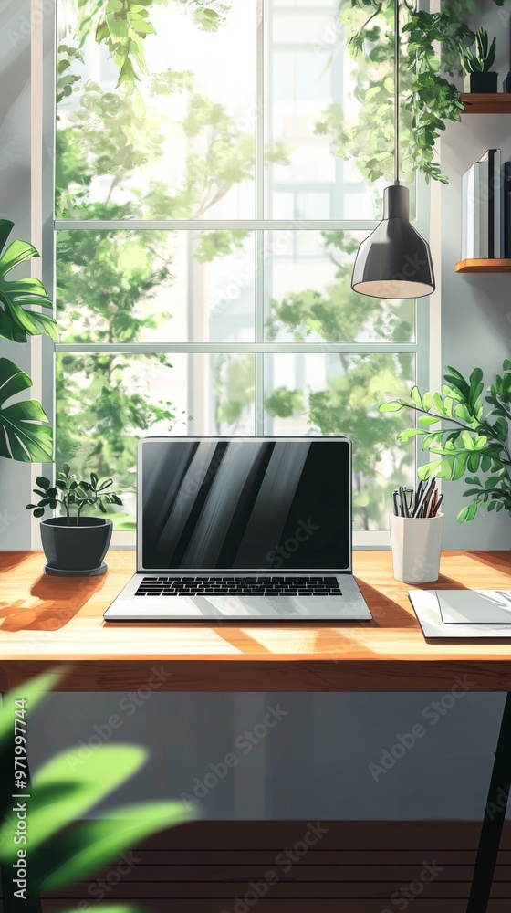 Cozy home Office Concept Showcasing Minimalist Style: A work Desk with computer, Documents, green plants and Well-Lit Interior. graphic Resources,  Illustration, 