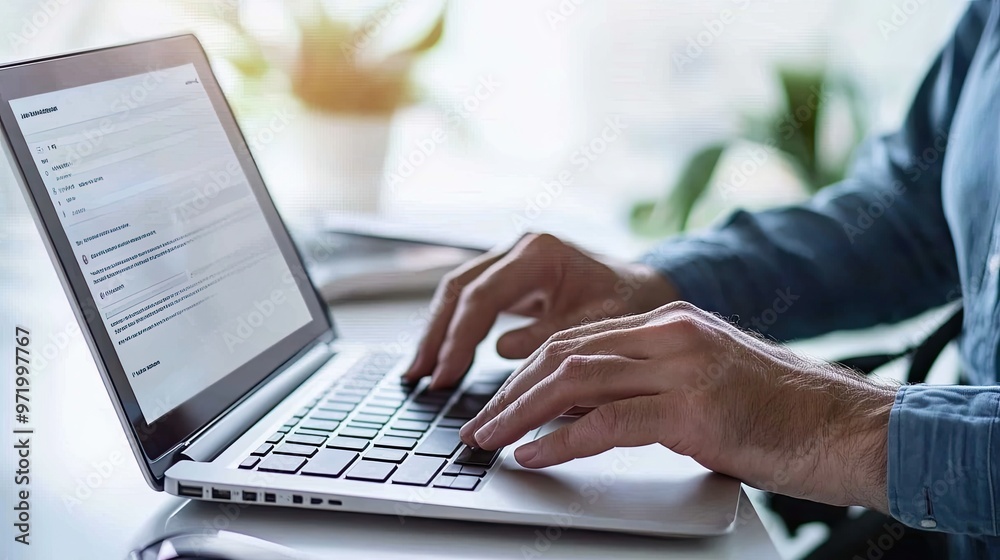 Close-up of hands typing on a laptop, showcasing modern workspace technology and productivity in a bright, focused environment. Close-up of hands typing on a laptop, showcasing modern workspace technology and productivity in a bright, focused environment.
