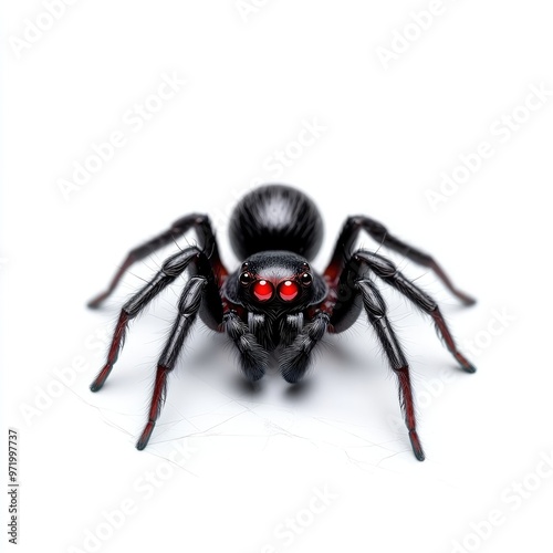 Close-up of a black spider with red eyes, showcasing its intricate details and features against a clean white background.