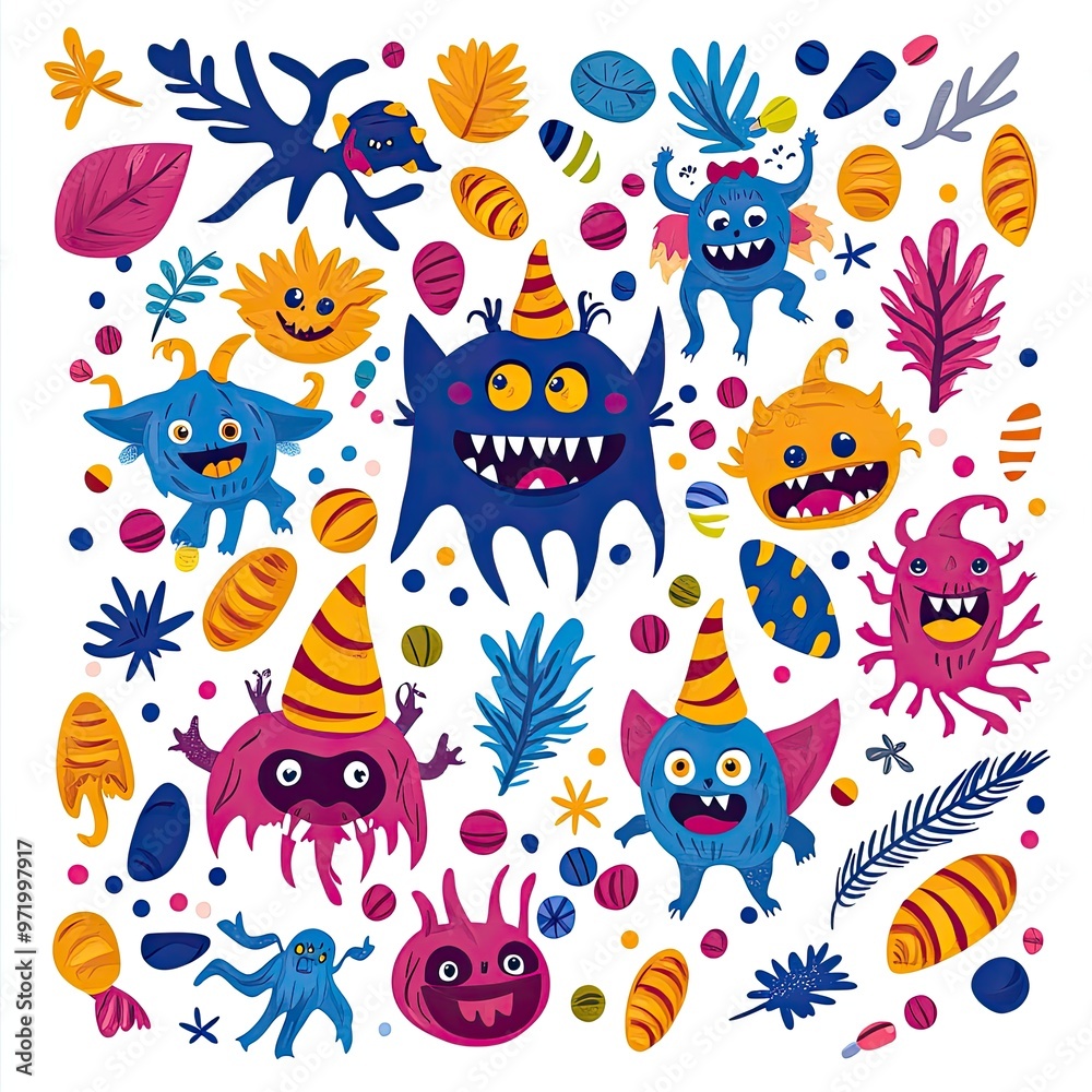 Fototapeta premium Colorful cartoon monsters in party hats, surrounded by playful elements like leaves and circles, perfect for fun designs.