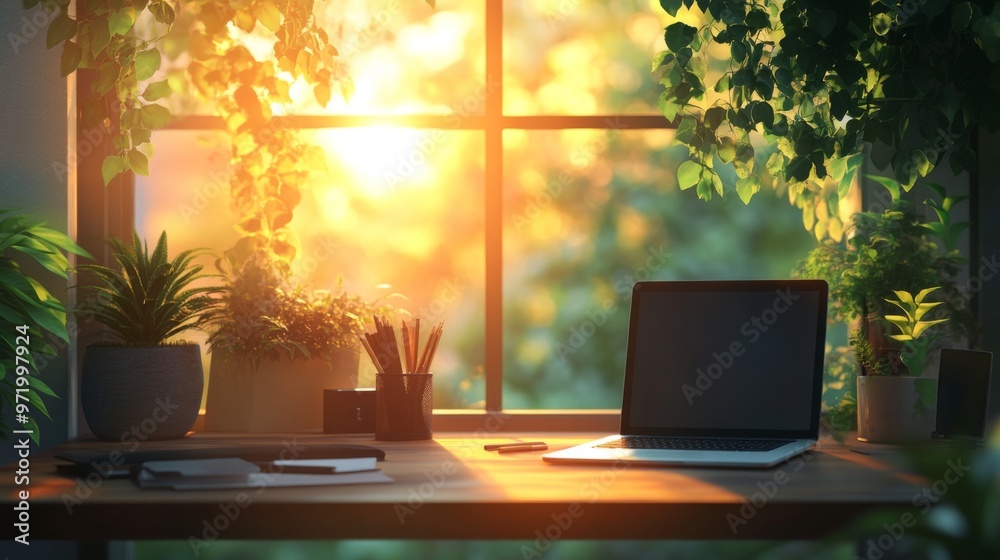 Cozy home Office Concept Showcasing Minimalist Style: A work Desk with computer, Documents, green plants and Well-Lit Interior. graphic Resources, Illustration, Cozy home Office Concept Showcasing Minimalist Style: A work Desk with computer, Documents, green plants and Well-Lit Interior. graphic Resources, Illustration,