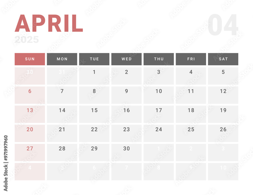 Monthly page Calendar Planner Template of April 2025. Vector layout of