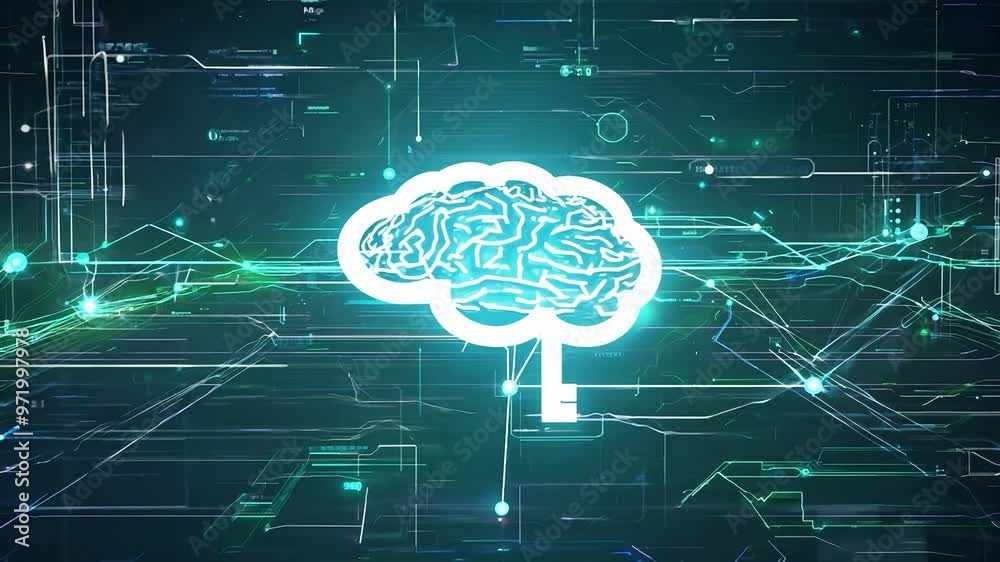 Glowing brain icon over a digital network background. Artificial intelligence and technology concept