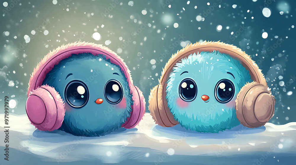 Fototapeta premium Two cute cartoon blue fluffy creatures with big eyes and headphones are in the snow.