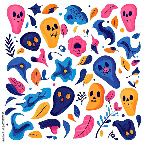 Colorful ghost and leaf patterns, perfect for Halloween designs or festive decorations, capturing a playful spooky atmosphere.