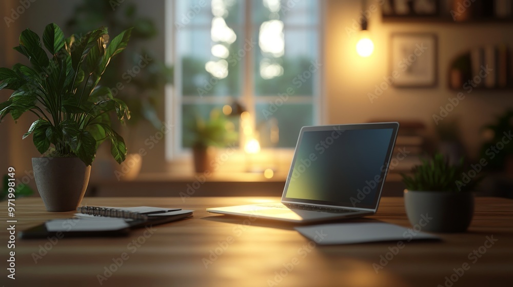 custom made wallpaper toronto digitalCozy home Office Concept Showcasing Minimalist Style: A work Desk with computer, Documents, green plants and Well-Lit Interior. graphic Resources,  Illustration, 