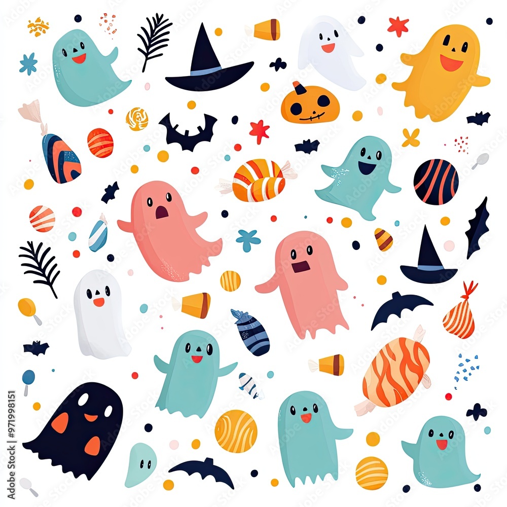 Fototapeta premium Colorful Halloween-themed illustration featuring playful ghosts, candies, and decorations, perfect for festive designs.