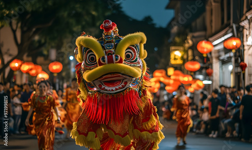 Beautiful lion dance during the Vietnamese Lunar New Year. People wearing traditional Vietnamese