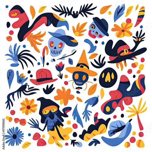 Colorful Halloween-themed illustration with skulls, foliage, and hats, perfect for festive designs and seasonal decorations. photo