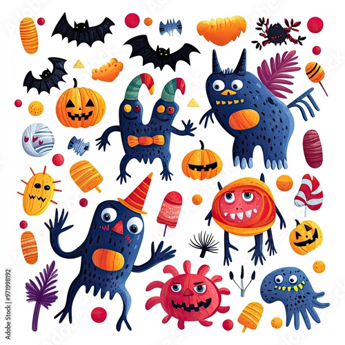 Wallpaper Mural Colorful monsters and playful decorations perfect for Halloween or party themes, featuring bats, pumpkins, and spooky creatures. Torontodigital.ca