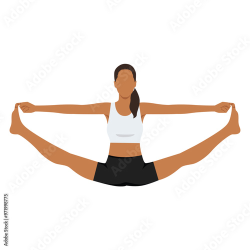 Young woman doing Spinal Column Pose, Upward Seated Straddle Pose, Balancing Bear Pose or Merudandasana. Flat vector illustration isolated on white background